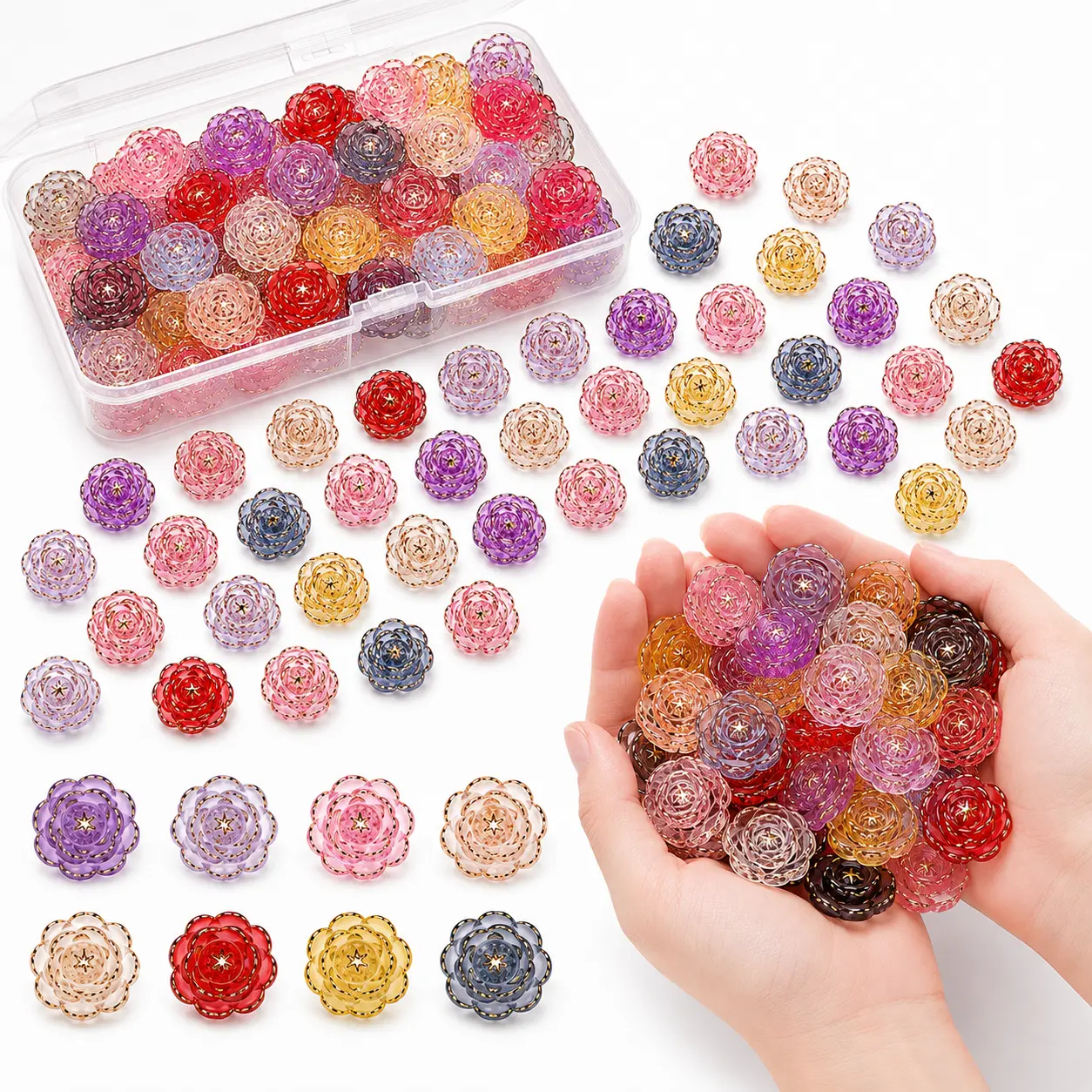 17mm Multicolor Acrylic Carved Roses Bead Set - 100 Gold-Tipped Flower Beads, Small Organizer Box for DIY Beading, Jewelry Making Crafts