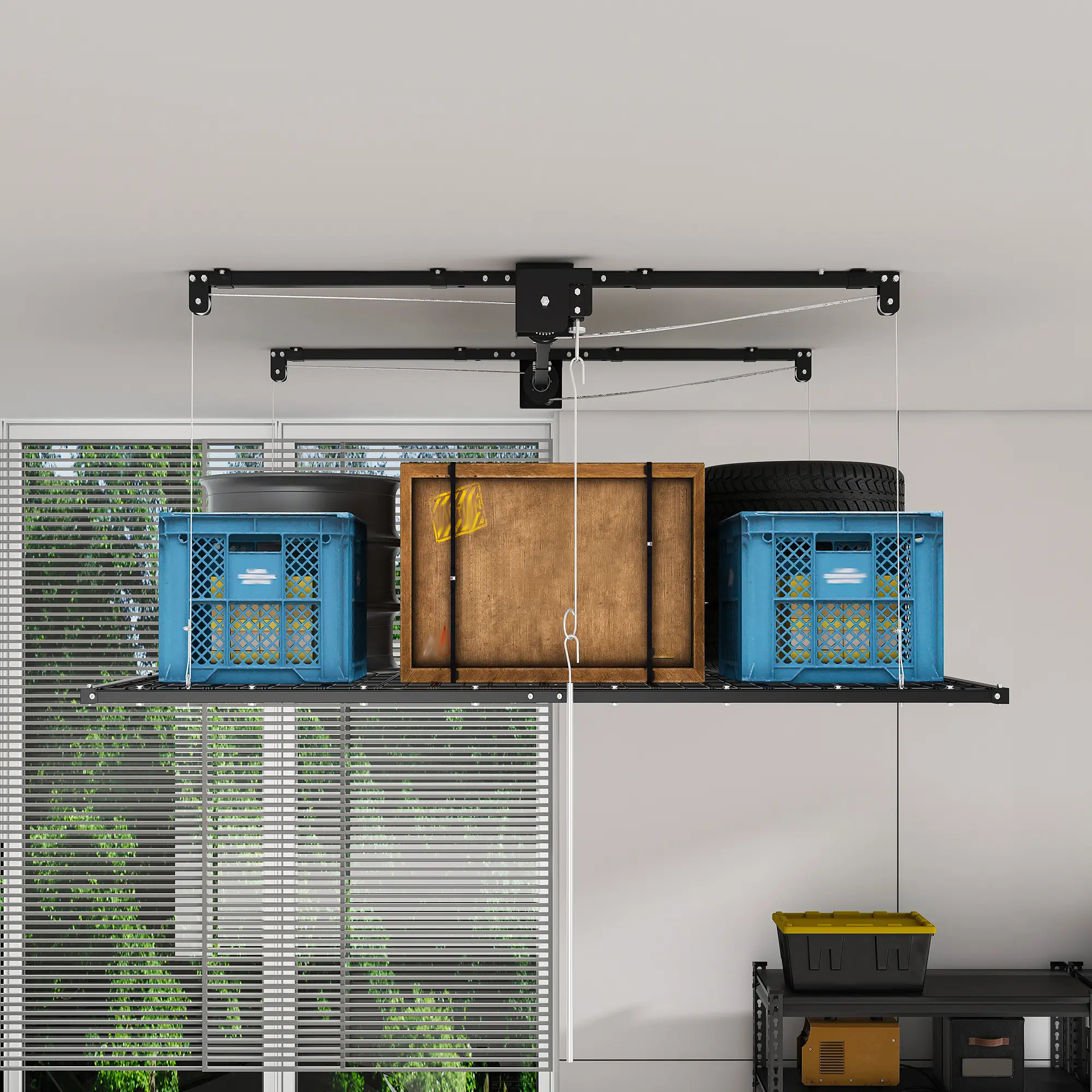 Ceiling-Mounted Garage Storage Rack, Multiple Sizes, 250-650 lbs Capacity, All-Steel, Safety Lock, for 10-12 ft Ceilings, Black or White