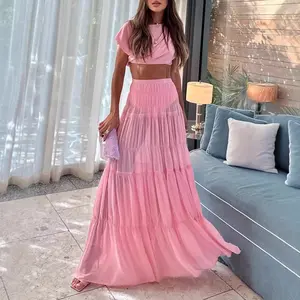 Women's Pink Patchwork 2-Piece Set 2026: Round Neck Pleated Top & Long Skirt - Sweet Preppy Outfit for Graduation & Date