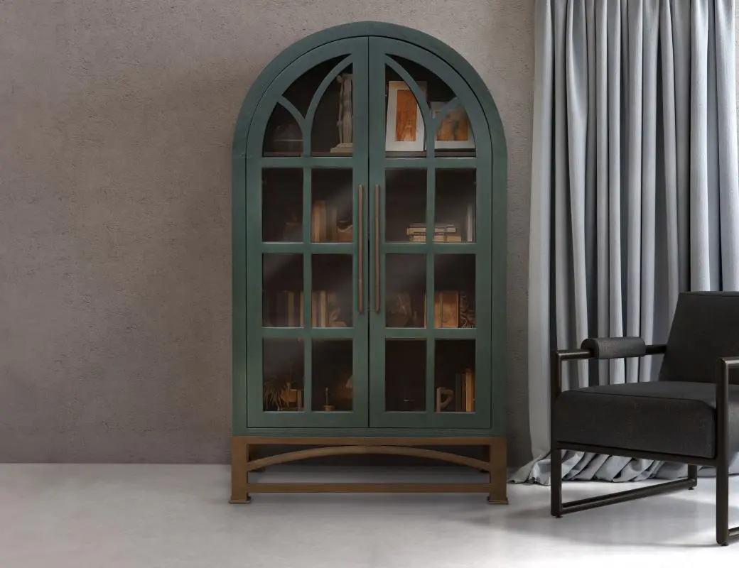Nina Playful Pine Solid Wood Tall Cabinet - Bookcase Hutch with Dome Design, Glass Doors, Book Nook, Collectibles Storage, 45.25w x 15d x 74.75h Green, Sturdy Base, Display Shelf Living Room Furniture for Bookworm Lifestyle