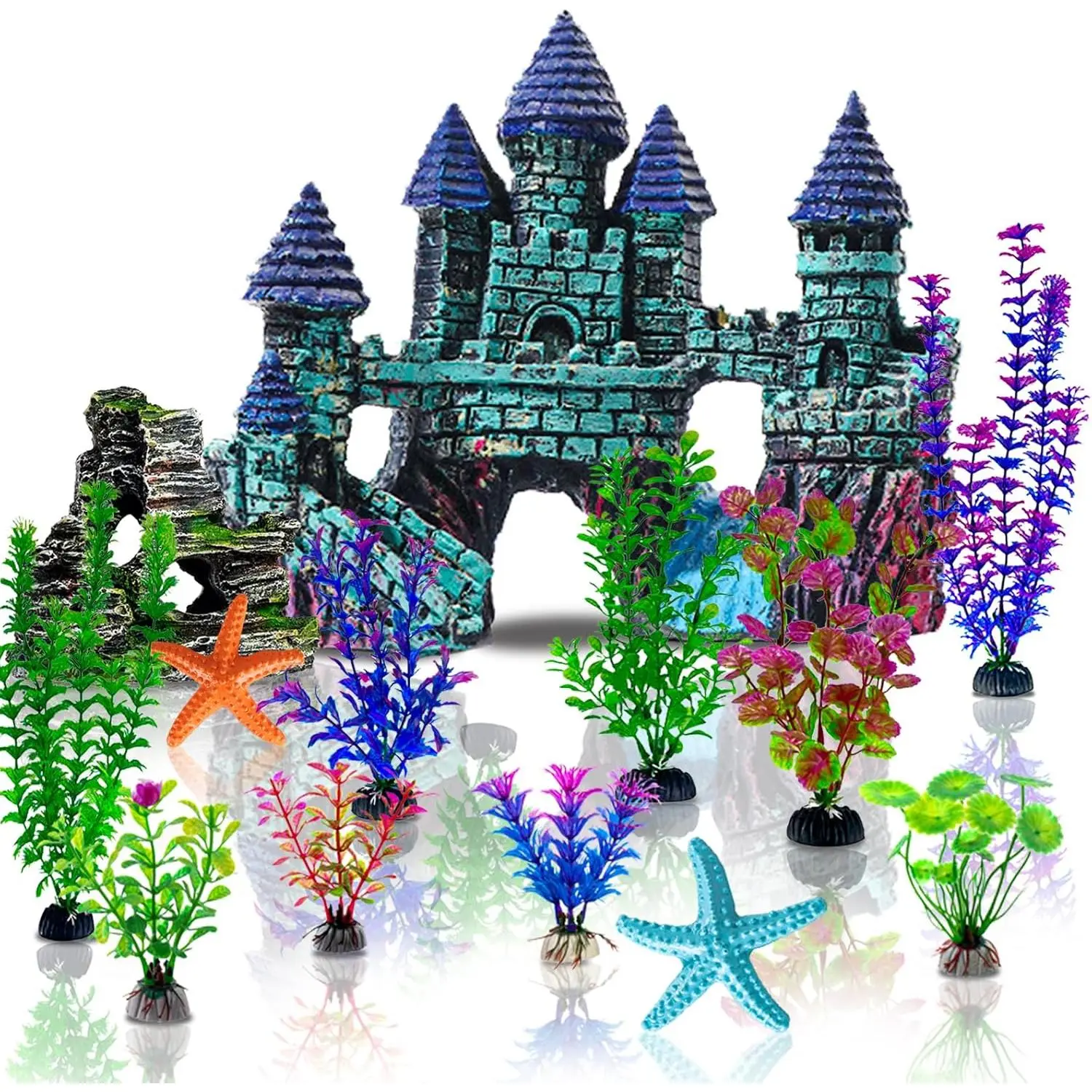 13 count Aquarium Decorations Kit, Fish  Decorations Set Small  Castle and Rockery Betta Fish Cave Hideout Coral Artificial Plastic  Ornament Accessories