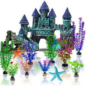 13 count Aquarium Decorations Kit, Fish  Decorations Set Small  Castle and Rockery Betta Fish Cave Hideout Coral Artificial Plastic  Ornament Accessories