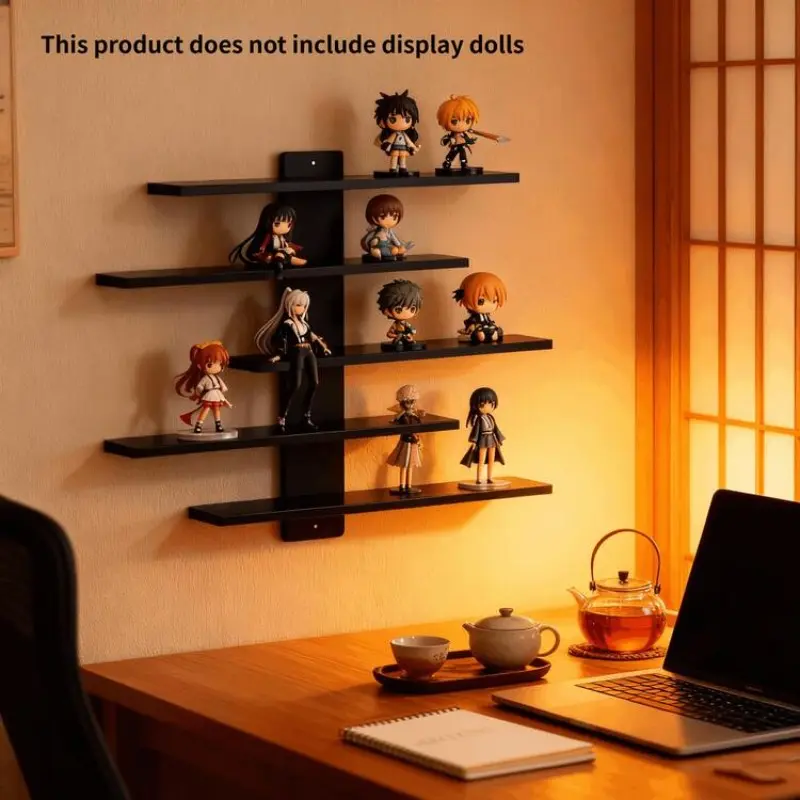 Adjustable five-tier floating wall shelf, easy-to-assemble mini model storage rack, perfect for placing dolls, statues, and toys