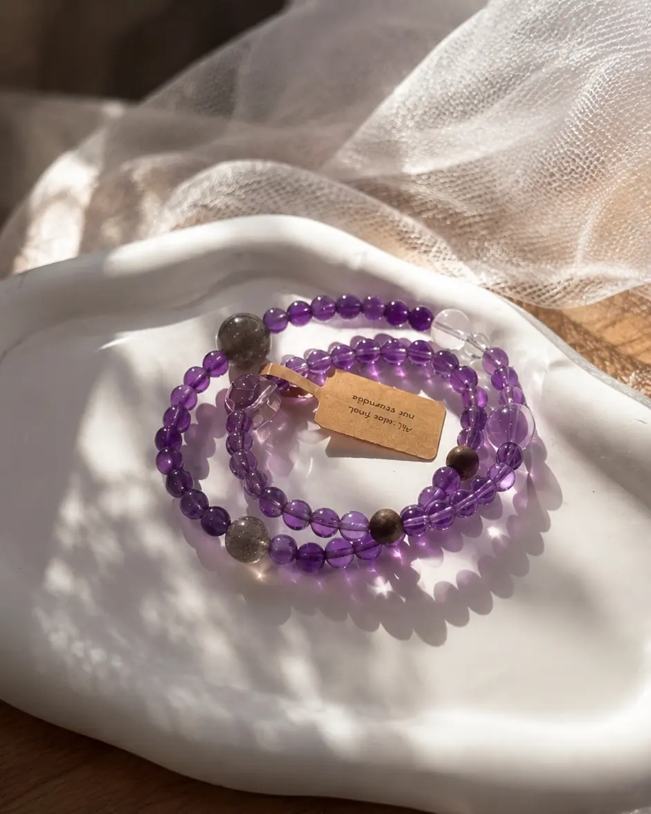 Natural Brazilian Amethyst, Blue Flash Grey Moonstone & Clear Quartz Double-Wrap Bracelet | One of a Kind