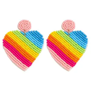Rainbow Seed Bead Heart Stud Statement Earrings