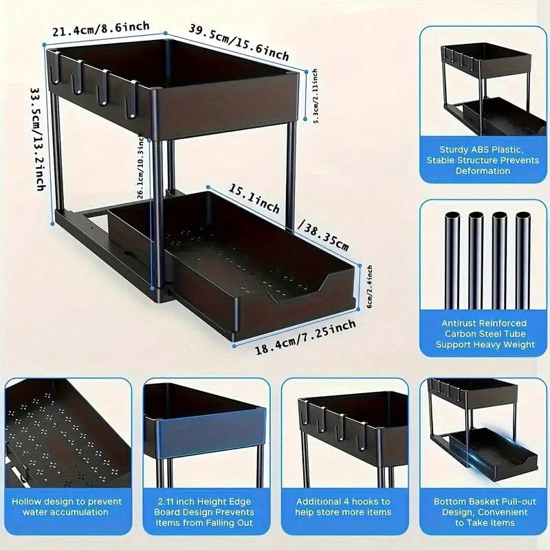TAIMASI 2-Tier Under Sink Storage Organizer - 1pc Pull-Out Organizers With Slide Out Shelf And Metal Sliding Drawer For Kitchen, Bathroom, Pantry Cabinet, And Closet Organization - Space-Saving Solution For Maximizing Storage Capacity