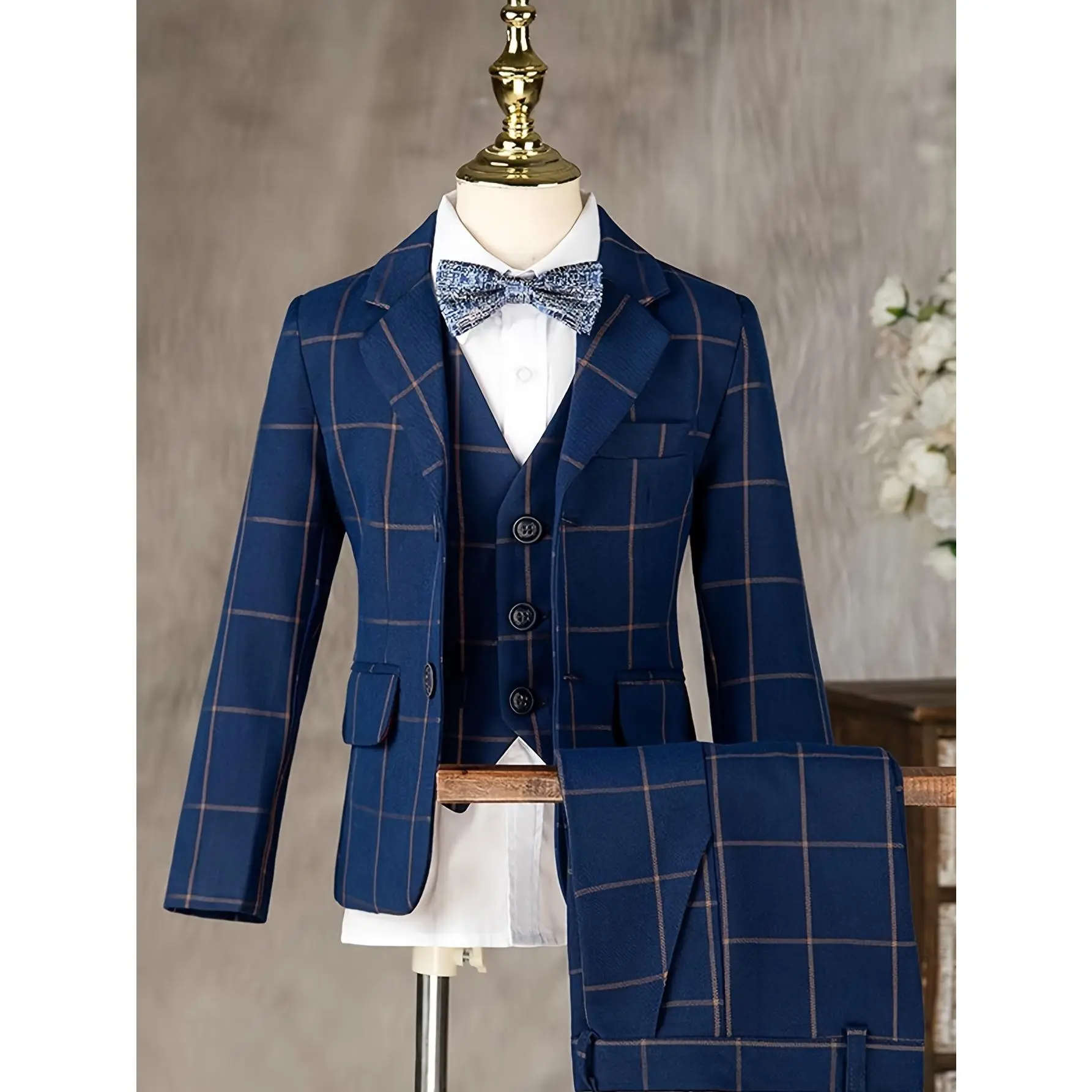 3-piece Set Boys Plaid Pattern Gentleman Suit Blazer Vest Pants Formal Outfit Speech Performance Birthday Party Children's Clothing