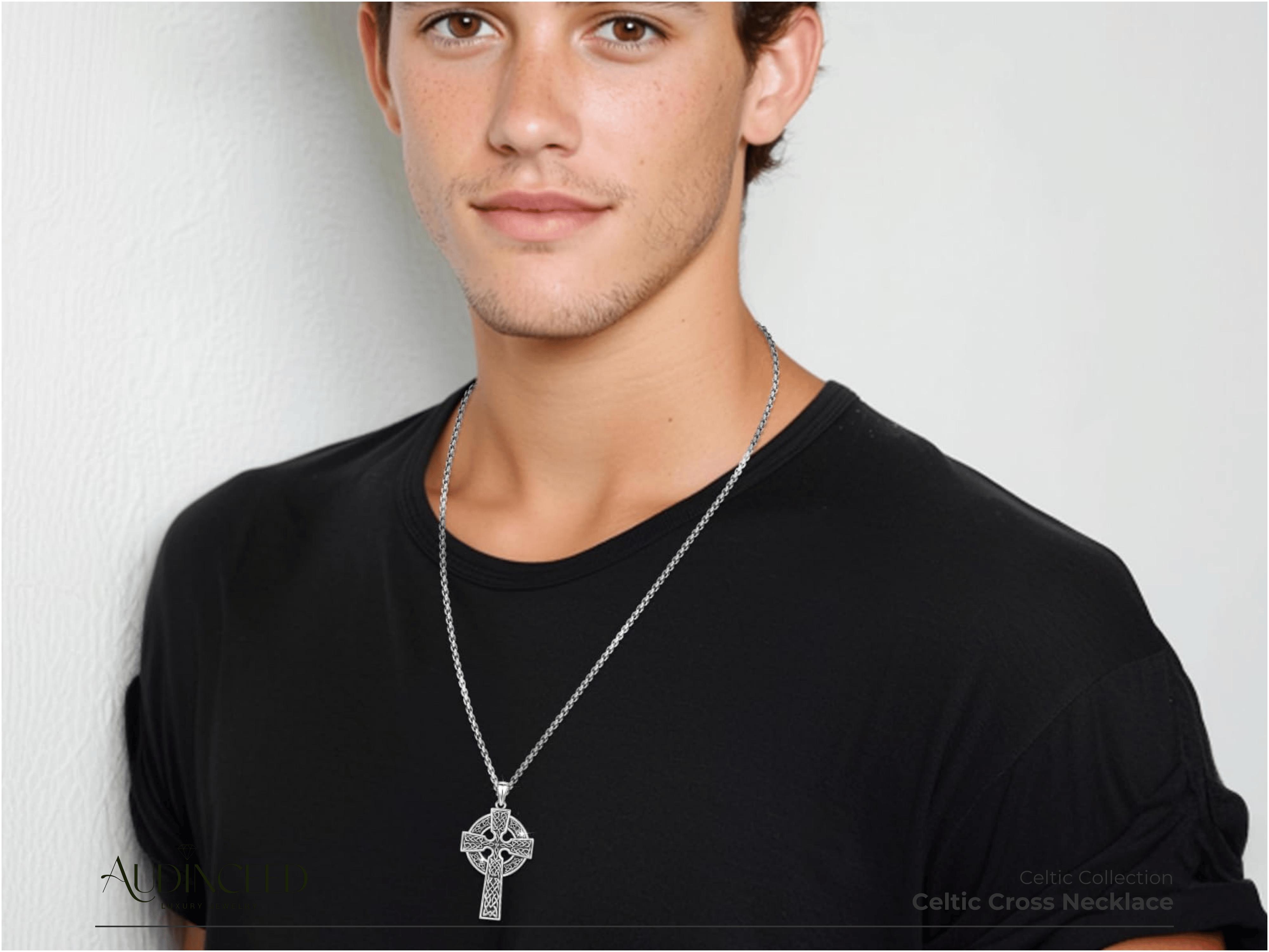 Audinceed Celtic Cross Necklace, S925 Sterling Silver Celtic Knot Cross Pendant Irish Knot Crucifix Amulet Blessed Silver Necklace Pendant Jewelry Gift  for Men Women