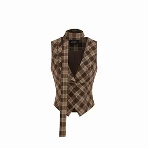 Cider Plaid V-neck Jacket Vest With Scarf