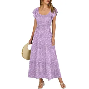 ANRABESS Women's 2026 Summer Casual Flutter Short Sleeve V Neck Smocked Elastic Waist Tiered A Line Maxi Dress  Floral Womenswear