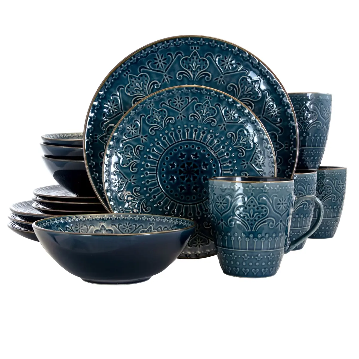212 MAIN Luxurious Stoneware Tableware Set - 16-Piece, 4-Person Setting, Round Dishes, Mandala-Style Deep Sea Mosaic Design, Microwave-Safe, Ideal for Parties, Party