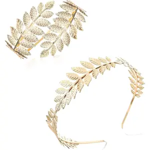 Drperfect Greek Goddess Headband Arm Cuff Bridal Jewelry Set Roman Laurel Leaf Branch Crown Armlet Upper Arm Band Bracelet Adjustable Daily