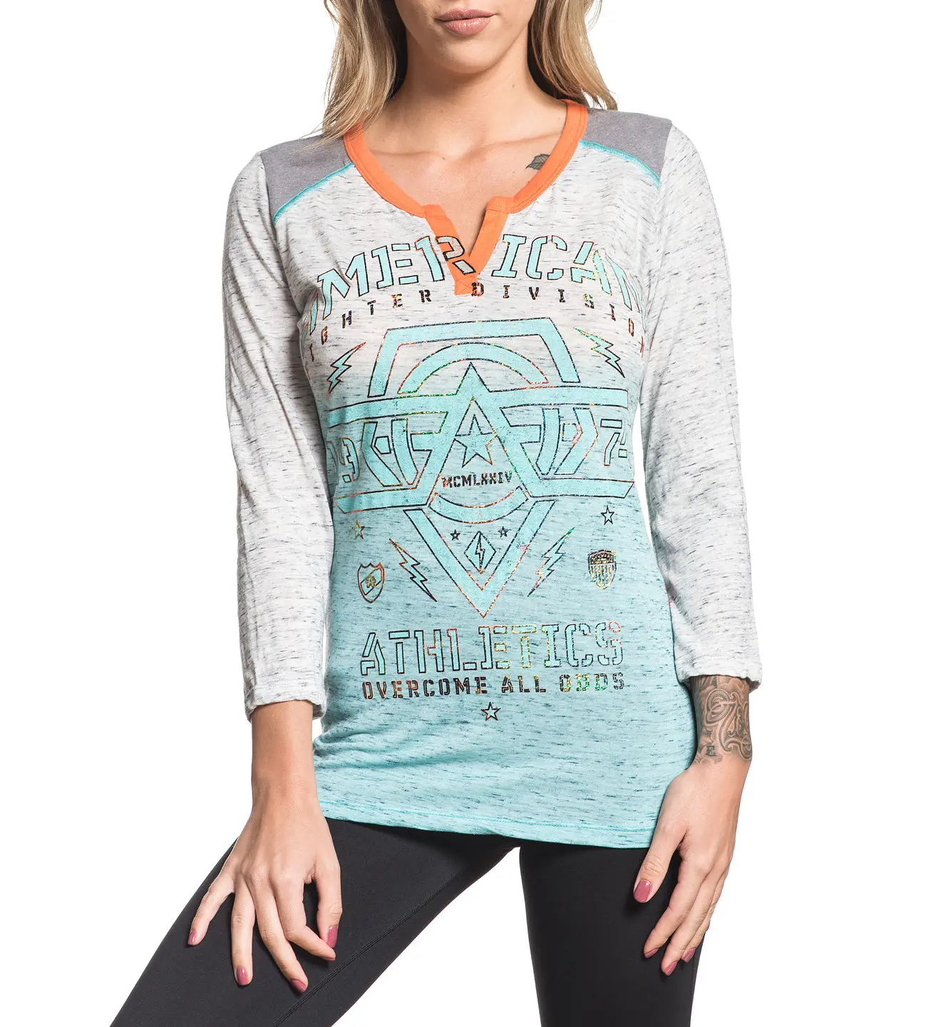 American Fighter Women's Westend 3/4 Sleeve V-Neck Tee in Capri Dip Dye with a Graphic Print