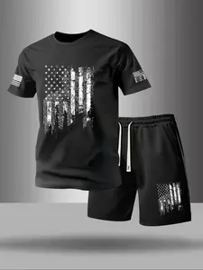 Men's Summer Flag Design Letter Print Round Neck T-Shirt with Drawstring Pocket Shorts, Casual Outdoor Breathable 2-Piece Set for Relaxed Fit, Graphic