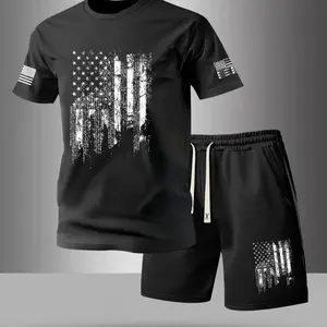 Men's Summer Flag Design Letter Print Round Neck T-Shirt with Drawstring Pocket Shorts, Casual Outdoor Breathable 2-Piece Set for Relaxed Fit, Graphic