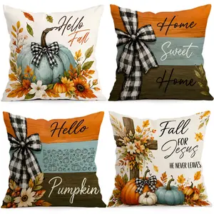 4pcs Autumn Pumpkin Plaid Bow Cushion Covers, Single-Sided Print, Home Decor for Living Room Bedroom, All-Season Use, No Insert Included