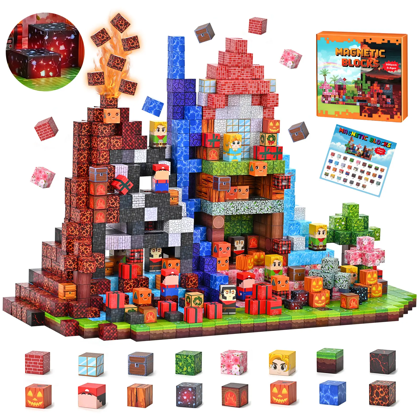 200 PCS Magnetic Blocks with Light, Figures Combo, Magnetic Tiles Toys for Kids Boys Girls, Magnetic Building Cubes, Stacking Magnets, Birthday Gift for Kids Age 3+, Magnetic Construction Set