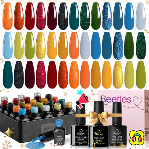 Beetles Gel Nail Polish Set - Colorful Shades (Red, Green, Blue, Orange, Metallic Golden Glitter), Base Gel Polish, Top Coat, Soak-Off UV Supplies for Adults' Manicure, Thanksgiving Cosmetic Gifts with Nails Inspo & Glowup Appeal