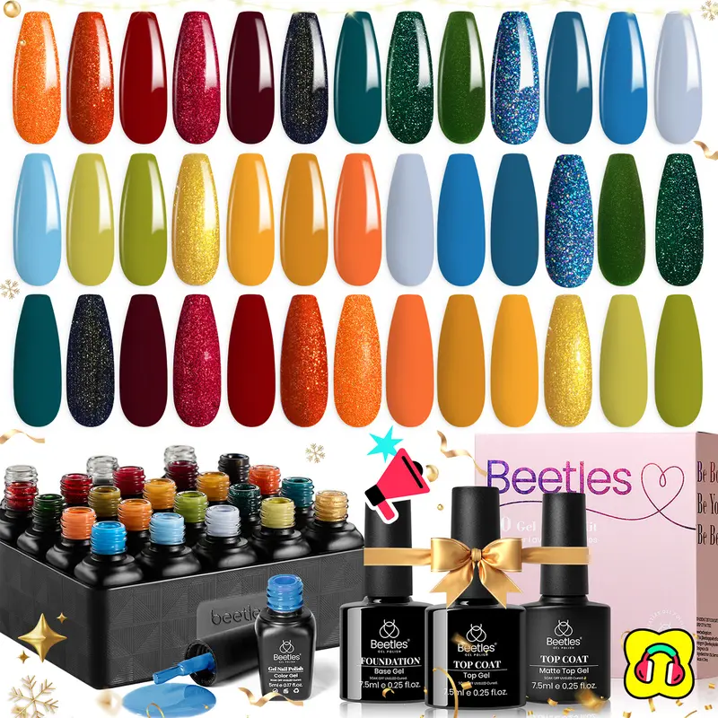 Beetles Gel Nail Polish Set - Colorful Shades (Red, Green, Blue, Orange, Metallic Golden Glitter), Base Gel Polish, Top Coat, Soak-Off UV Supplies for Adults' Manicure, Thanksgiving Cosmetic Gifts with Nails Inspo & Glowup Appeal