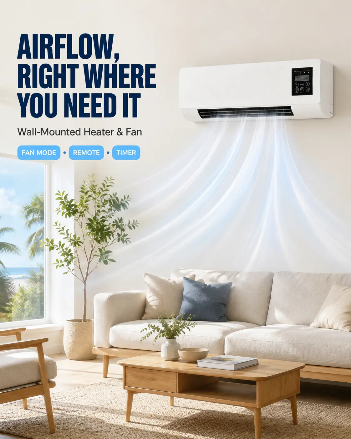Boat Electrical Inverter Eco-Smart 2-In-1 Wall Mount 1400W Air Conditioner, Heating & Cooling Fan Unit, Remote Touch Control, 6-Hour Timer, Natural Breeze Mode For Home Use
