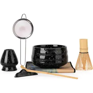 Matcha Whisk Set - 7- Kit  Chasen, Ceramic Bowl with Spout, Stainless Steel Sifter & Holder Black