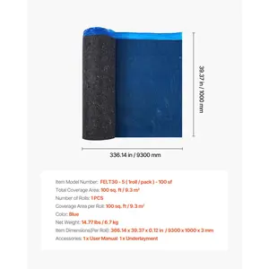 VEVOR Floor Underlayment 100 sq. ft/Roll, 3 mm Thick Laminate Flooring Padding with Attached Vapor Barrier, Heavy Duty Fiber+ PE Film, Soundproofing Noise Reduction, Ideal for Vinyl Wood