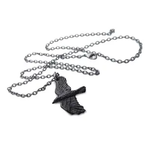 Pewter Cros in Flight Black Raven Necklace