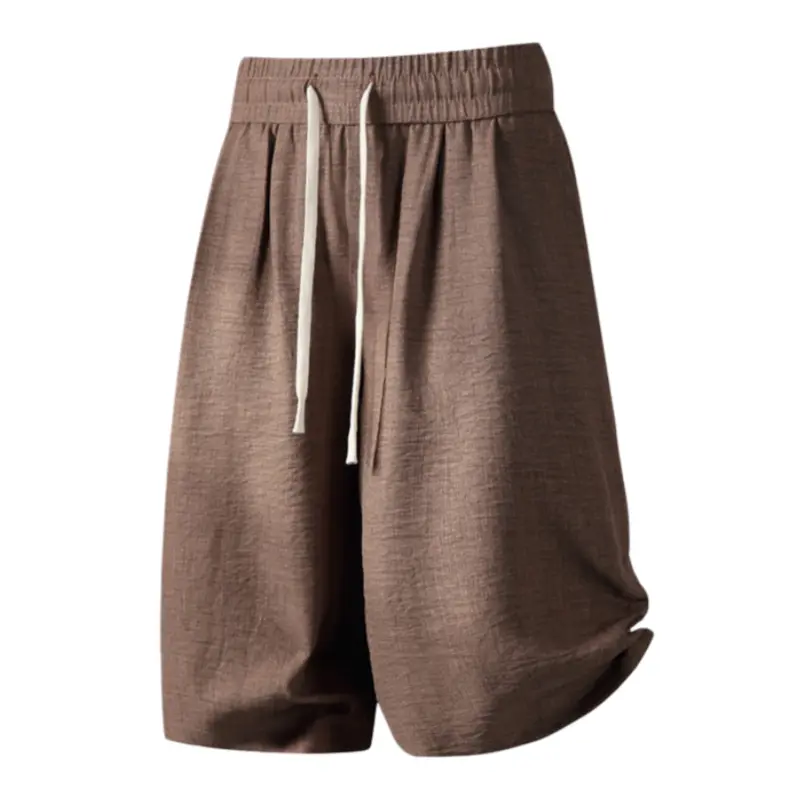 Men's Textured High-Waist Relaxed-Fit Straight Casual Shorts - Elastic Waistband, Adjustable Drawstring, Knee-Length Menswear Bottoms, Breathable for Beach Vacation, Daily Walking