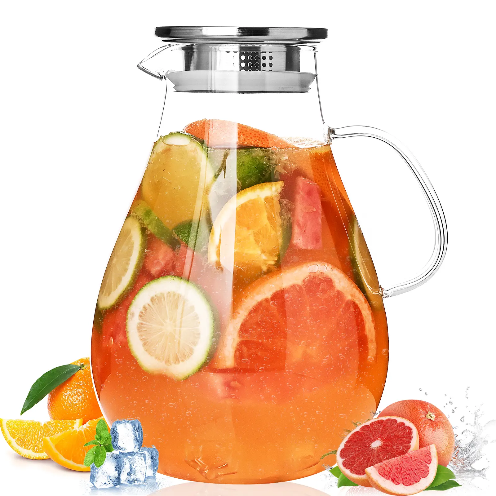 2.5L (84oz) Modern Large Size Glass Pitcher with Leak-Proof Stainless Steel Filter Lid and Handle - Heat Resistant Iced Tea Jug for Fridge Serving, Cold Brew Beverages, Silicone, Strain Fruit Leaves