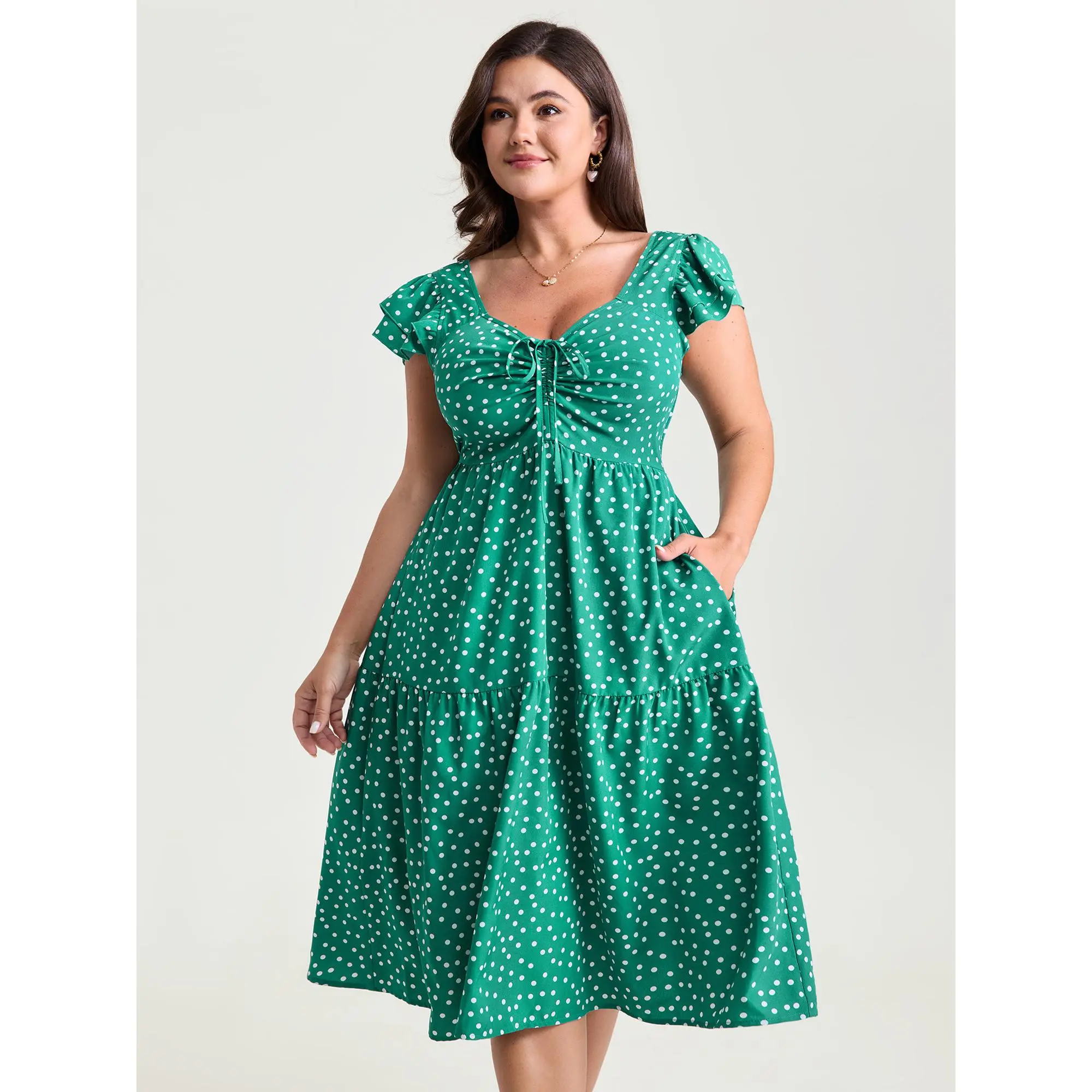 BLOOMCHIC Women's Plus Size Vintage Polka Dot Ruched Bowknot Sleeve Midi Dress - Smooth Spandex, Figure-Flattering Casual Dresses, Curvy-Focused, Ideal for Swimweek, Summer Events, Plus Size Dresses,Summerfinds