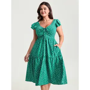 BLOOMCHIC Women's Plus Size Vintage Polka Dot Ruched Bowknot Midi Dress Swimweek
