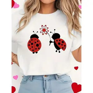 Women's Casual Short Sleeve Round Neck T-Shirt - White Geometric Ladybug & Daisy Print, Machine Washable, Spring Summer Style, All-Season Versatile Top for Daily Wearvintage graphic tees vintage Cotton Fabric Womenswear Breathable