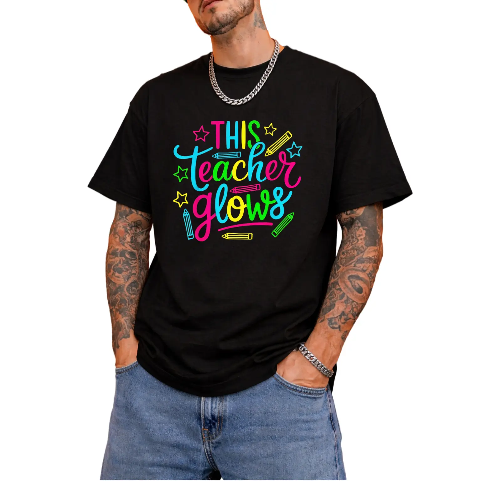 Glow-in-the-Dark Neon Teacher T-Shirt - 80s 90s Retro Glow Up Party Outfit, Glowable for all-Season, Loose Fit Round Neck Tee for Men Themed Events & Parties - Nostalgic Glowtooth suitable for teachers