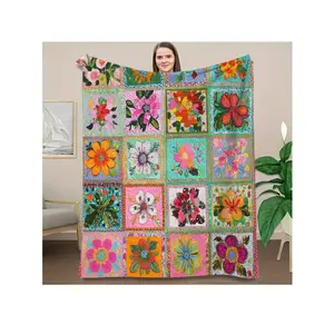 1pc Vintage Floral Patchwork Quilt Blanket - Soft Flannel All-Season Cozy Throw For Sofa, Bed, Camping & Travel - Vibrant Mixed Colors Home Decor Gift-30*40in
