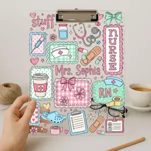 Personalized Nurse Clipboard Acrylic, Cute Pastel Medical Doodle Design, Customized Name RN Clipboard for Nursing Students, Clinic Gift