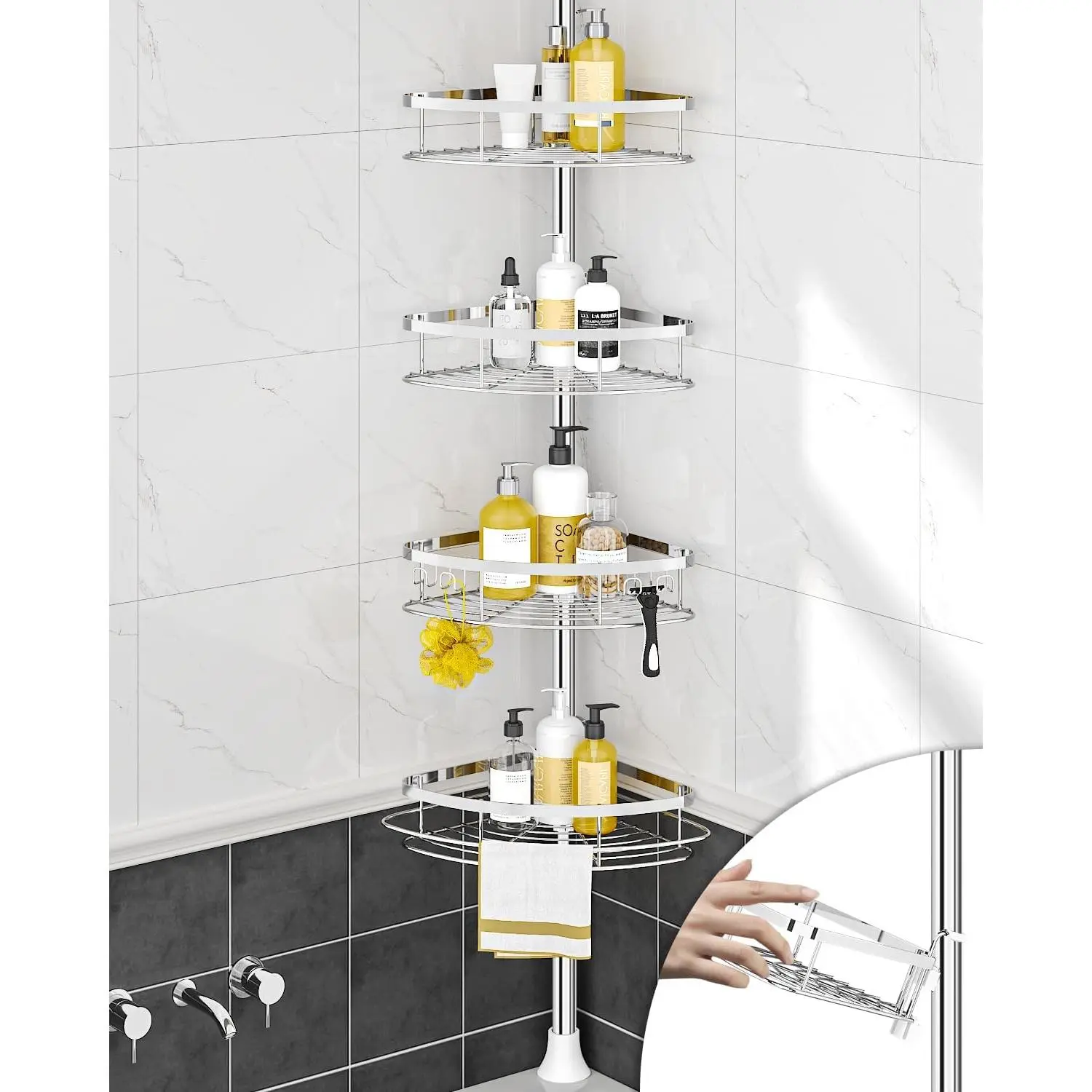Rustproof Shower Corner  Organizer for Bathroom, 4 Adjustable Shelves with Tension Pole, for Bathtub Shampoo Accessories Storage Holder, 34 to 116 Inch Height