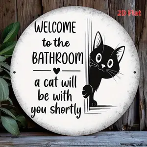 7.8*7.8 Inch 2D Flat "Welcome to the Bathroom" Cat Metal Plaque – Whimsical Black Cat Design, Perfect for Home, Office, Bedroom, Coffee Shop, Garage Decor, Cat Lovers Gift