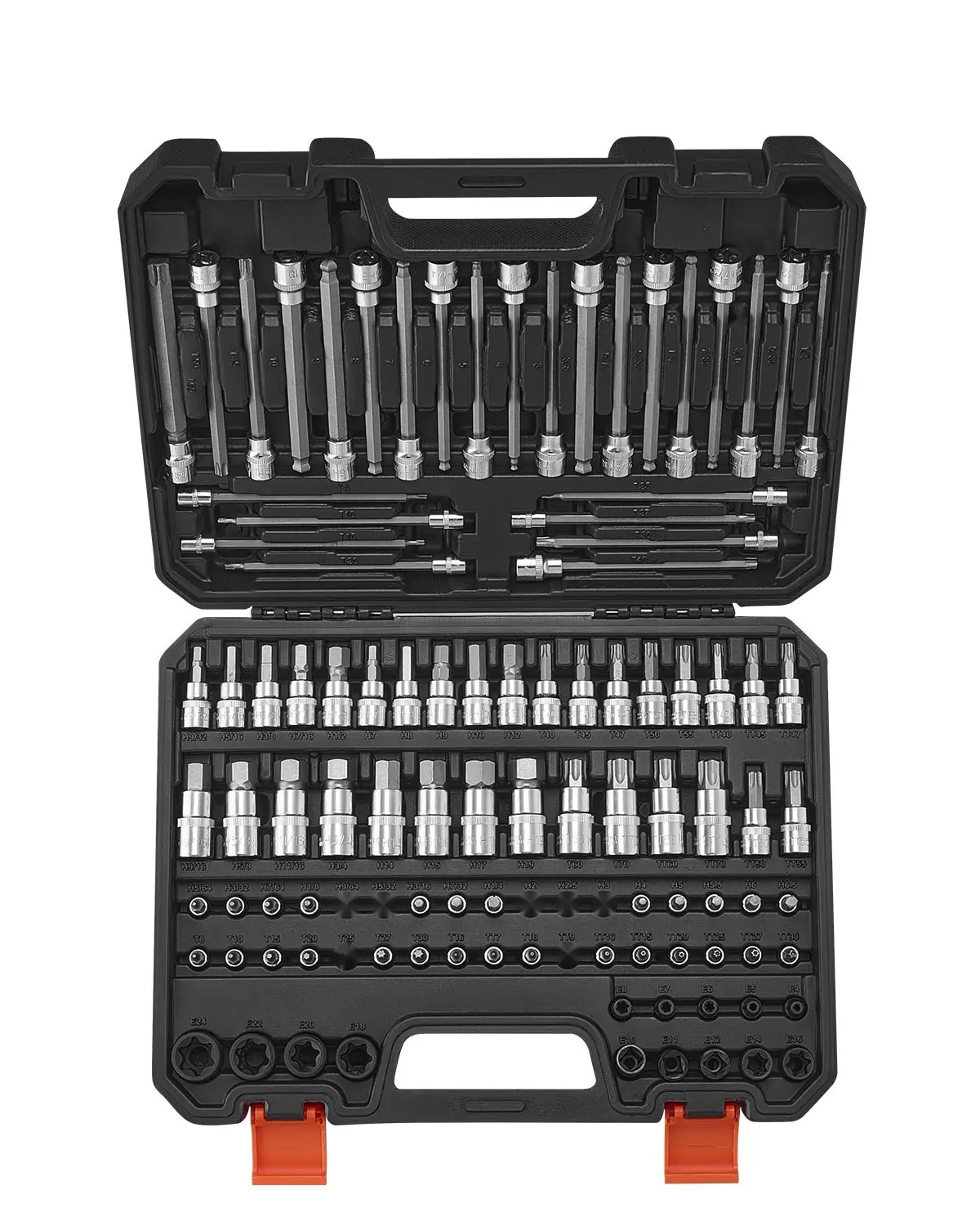 107-Piece Bit Socket Set with SAE and Metric Hex, Torx, E-Torx, Tamper-Proof, and Extra-Long Bits, Universal Drive Compatibility, Magnetic Tray, and Quick-Release Sockets for Automotive, Machinery, and Maintenance