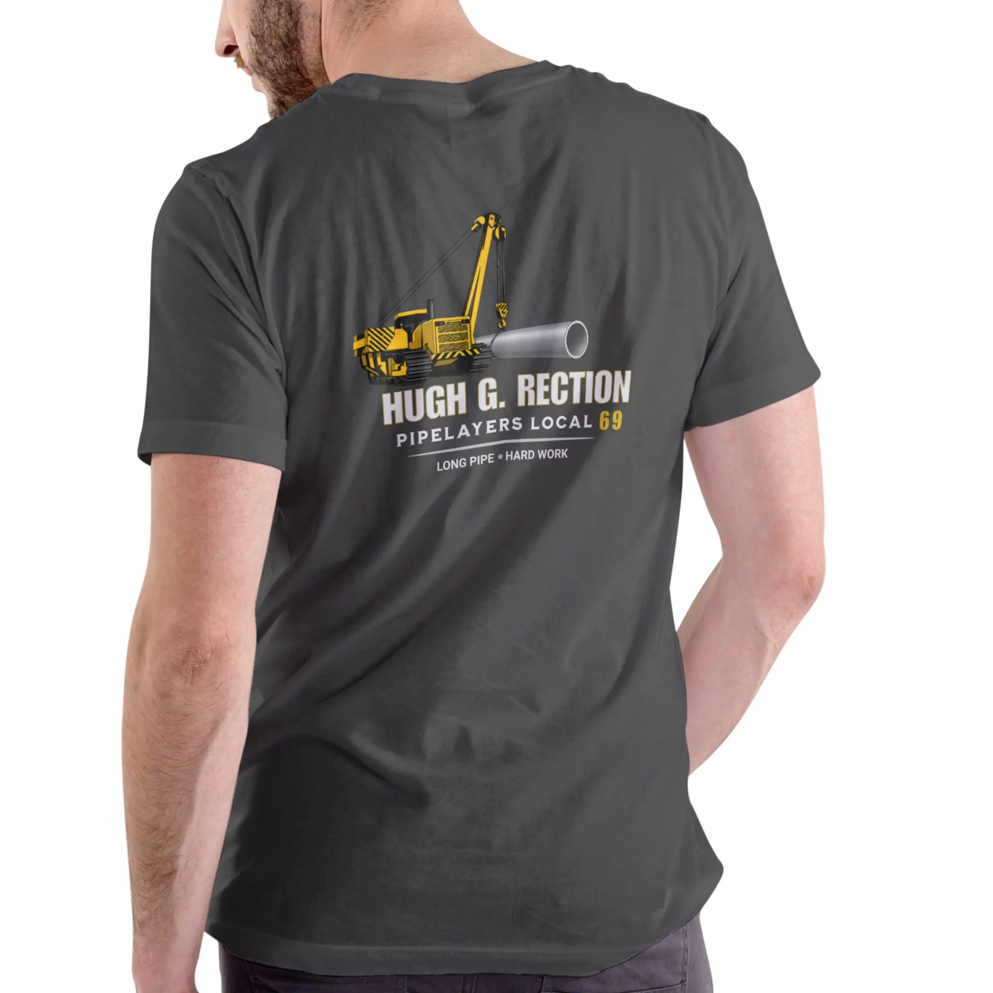 HUGH G RECTION PIPELAYERS LOCAL 69 Long Pipe Logo Short-Sleeve Round Neck Utility T-Shirt, Menswear Work Top, Tshirt