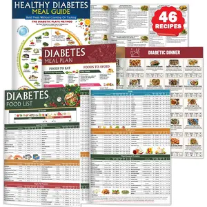 3 PCS Diabetes Food List & Meal Planner - Diabetic Food Chart, Laminated Type 1 & 2 Meal Guide, Easy-to-Read Carbs Protein Calories Fiber Fat Glycemic Index Chart for Prediabetes & Beginners