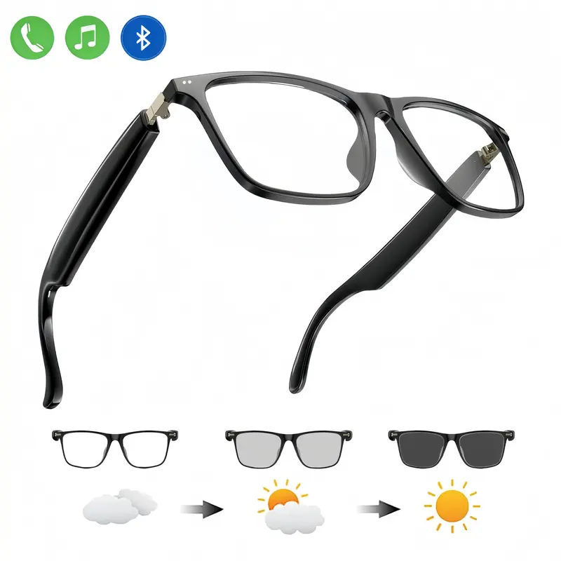 Wearable Tech Glasses with Built-in Wireless Earbuds - Auto-Tinting Polarized Blue Light Blocking Oval Lenses, Open-Ear Audio, Hands-Free Calling, Button Control, Music Player, Casual Plastic Frame, Android Compatible, Eye Care, Included Batteries