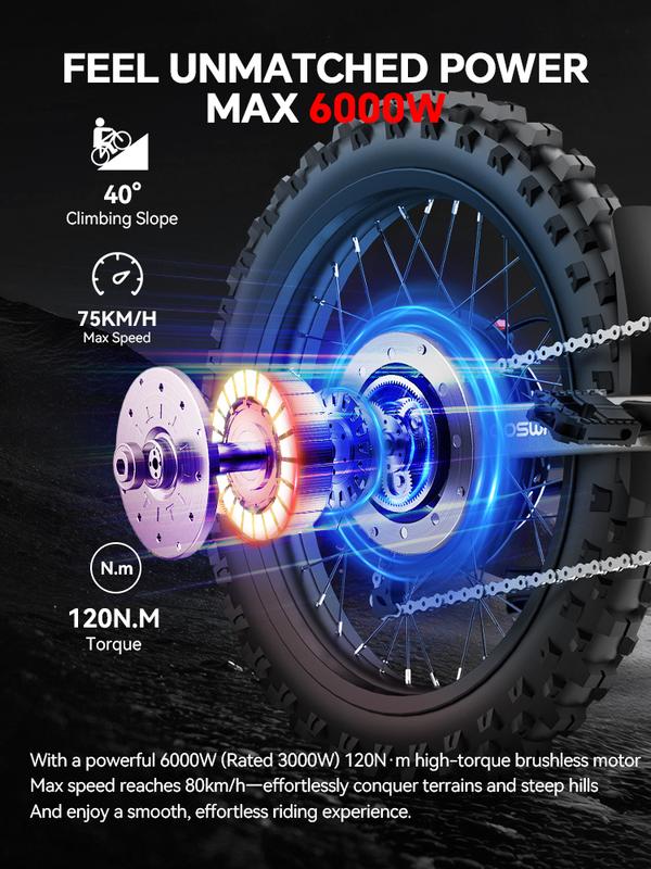 COSWHEEL R19 Adult Electric Bike 6000W 72V 40AH 19 Inch Tires 50MPH 125 Miles Range, frenos de disco hidráulicos duales, suspensión completa,Off-Road Electric Bike for Teenagers Snow Mountain.