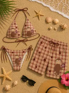 Matching Dr Pepper Playful Beach Vibes Bikini & Men’s Swim Shorts Set with Plaid Pattern, Cute Cartoon Print, Summer Vacation Style, Lightweight Fabric, Perfect for Beach Days, Pool Parties, Tropical Getaways, and Matching Couple Looks
