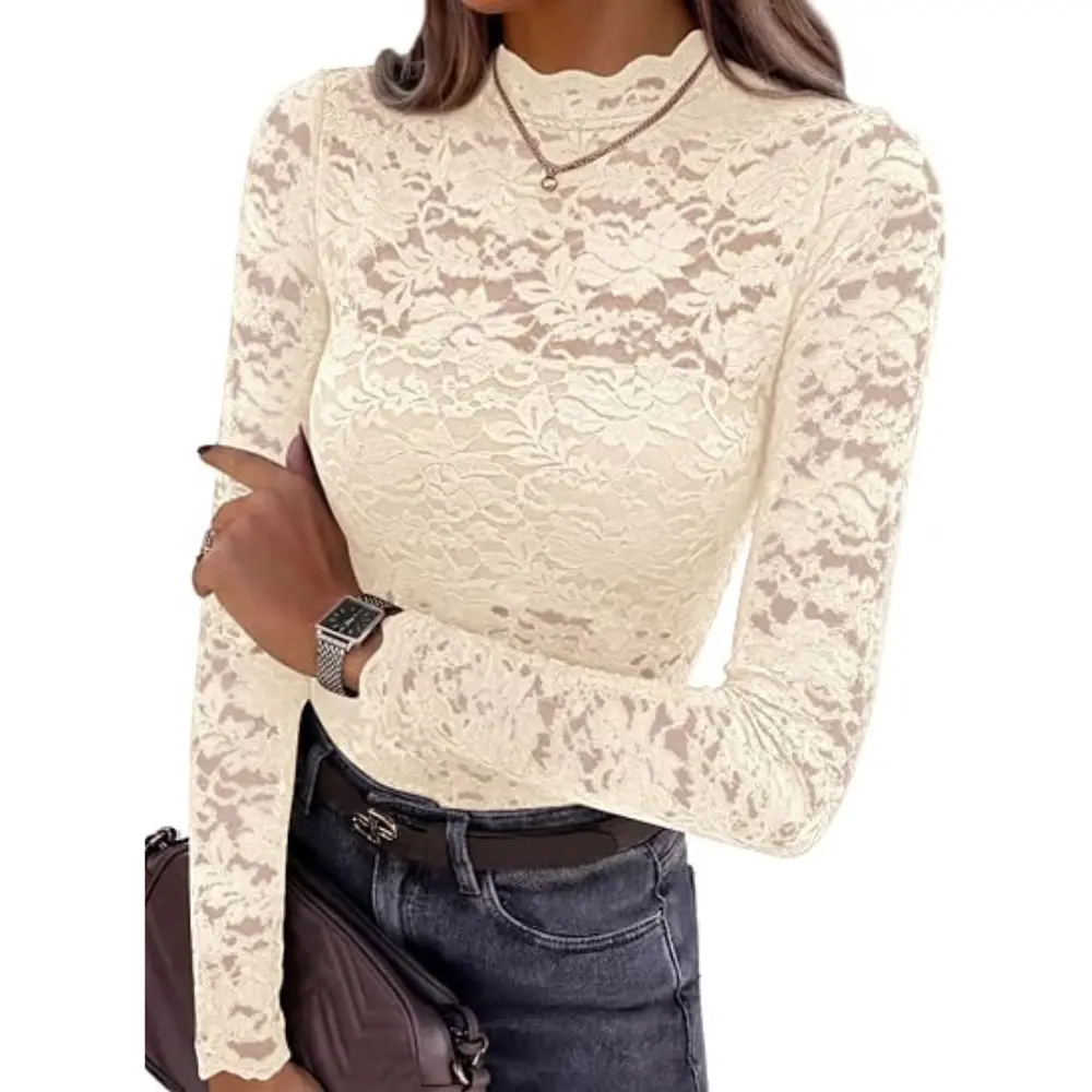 PRETTYGARDEN Womens Lace Long Sleeve Top Mesh Sheer Blouses Mock Neck See Through Slim Fitted Tops  Fall Fashion Clothes