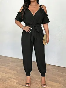 Women's Summer Casual One-Shoulder Batwing Short Sleeve Jumpsuit, Fashion Plain Belted Design, Comfortable Loose Fit, Perfect for Daily Activities