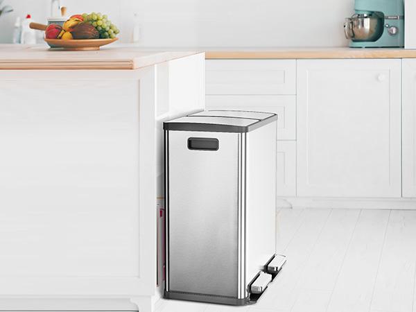 Dual Compartment 16 Gallon Stainless Steel Kitchen Trash Can with Lid and Step Pedals,Fingerprint Proof Garbage Bin for Home and Office