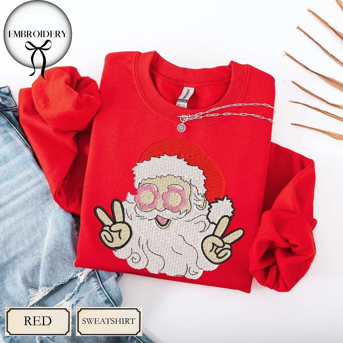 Red Santa Embroidery Sweatshirt – Cotton Blend Unisex Embroidered Pullover