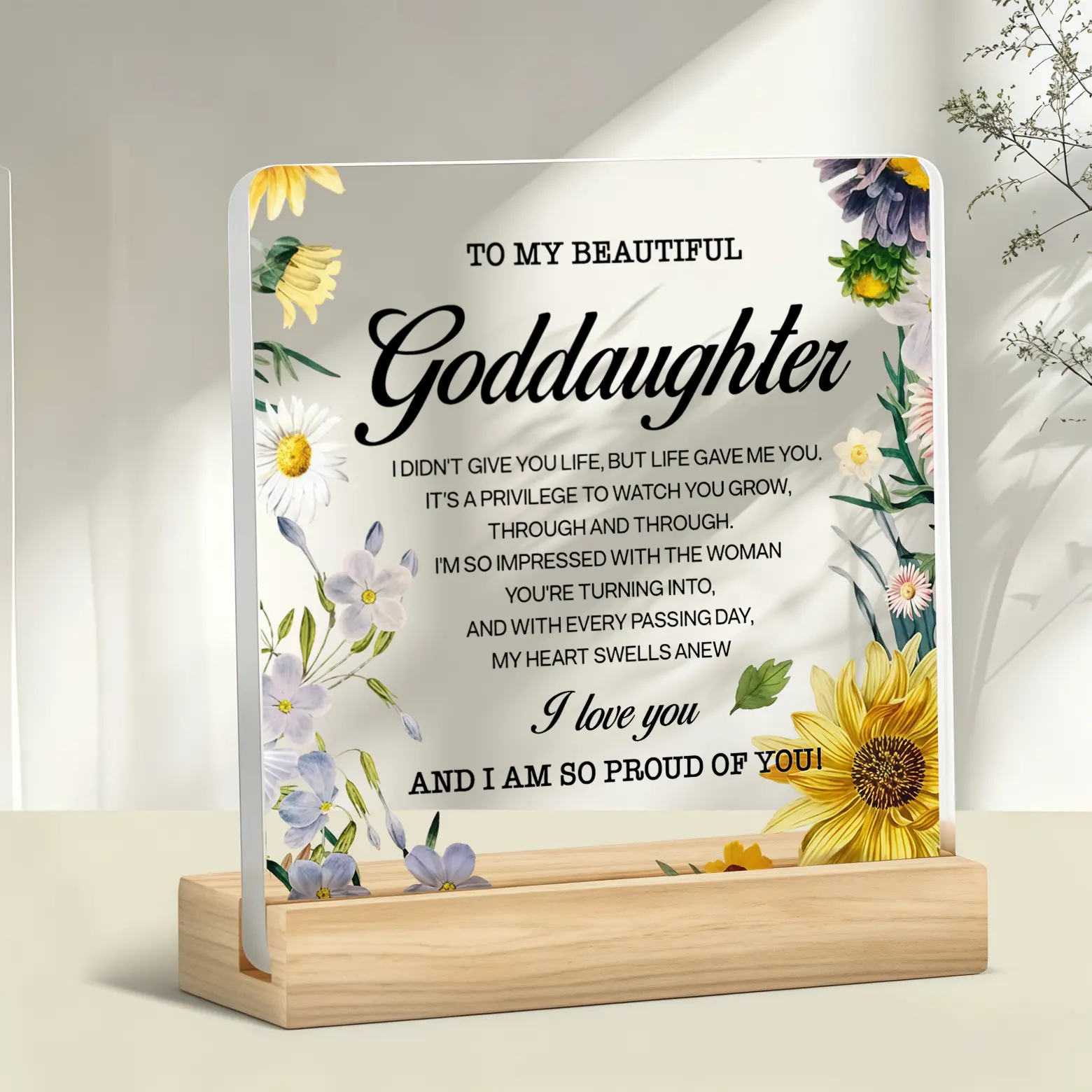 To My Goddaughter Decorative Wildflower Acrylic Desk Plaque with Wooden Stand, Sentimental Table Sign Gift for Baptism, Birthday, Graduation Home Desktop Decor