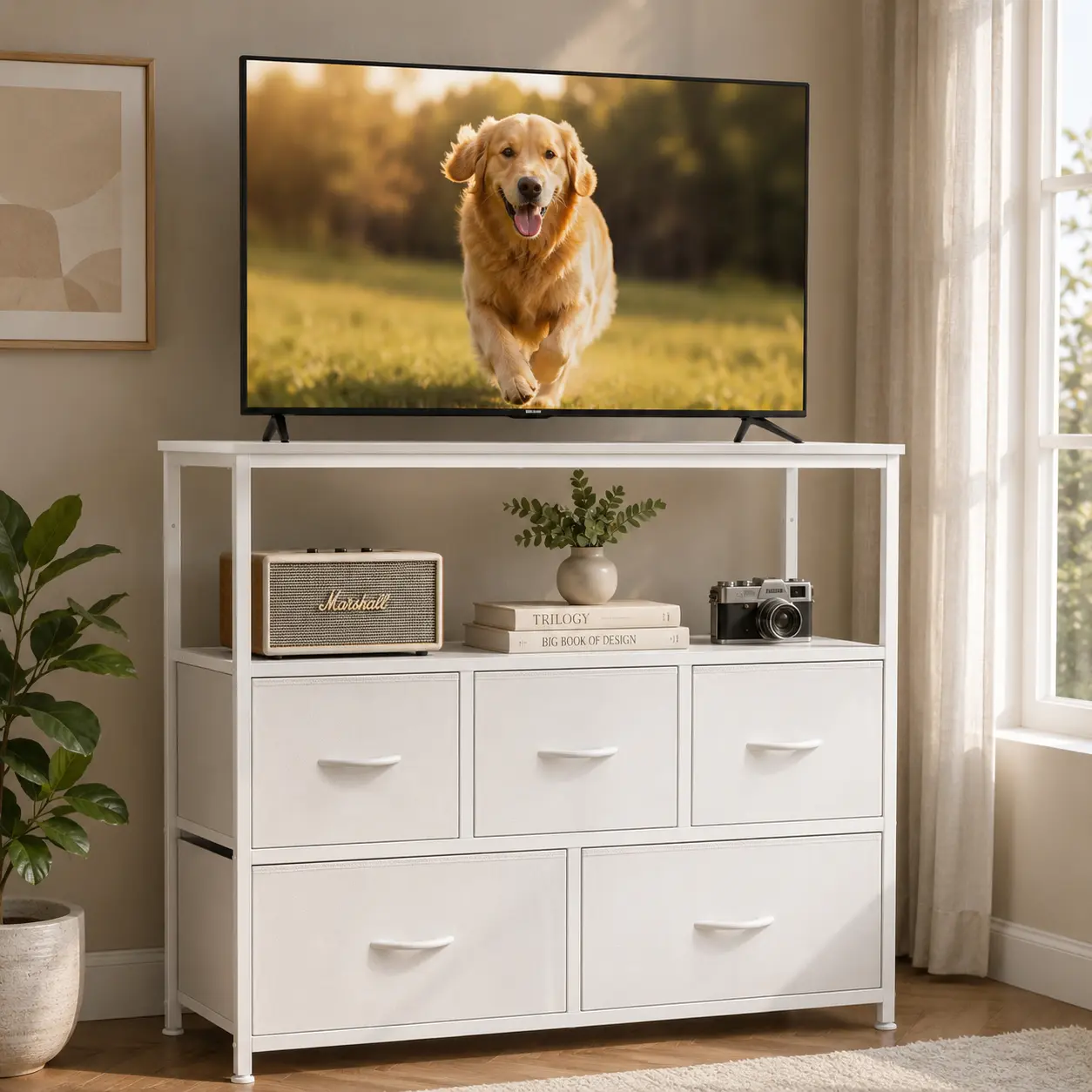 Sweetcrispy Modern Wood TV Stand - Furniture with 5 Fabric Drawers, Open Storage Shelf Wood TV Console, Bedroom Furniture for Corridor Placement