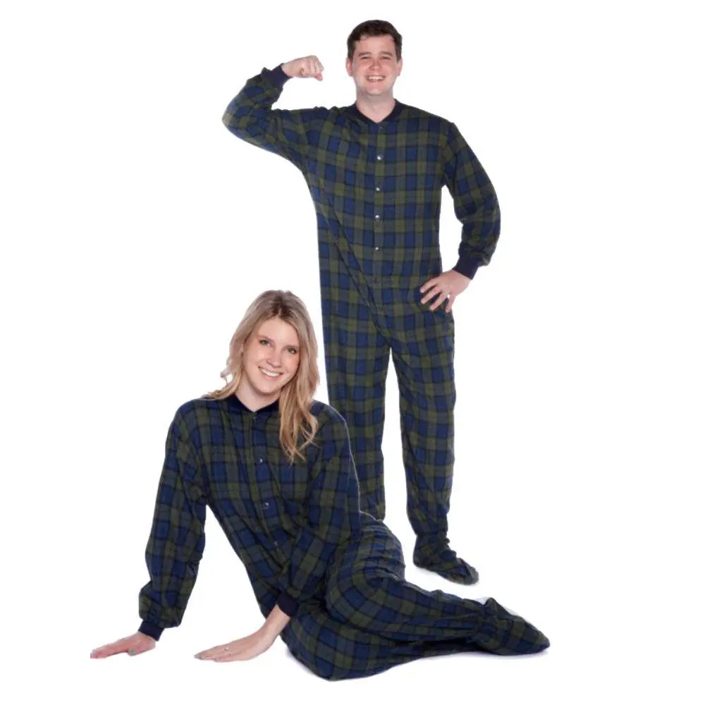 Navy Blue & Green Tartan Plaid Cotton Flannel Adult Onesie Footed Pajamas